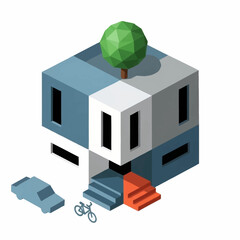 Obraz premium Modern 3D Isometric House with Tree and Vehicle.