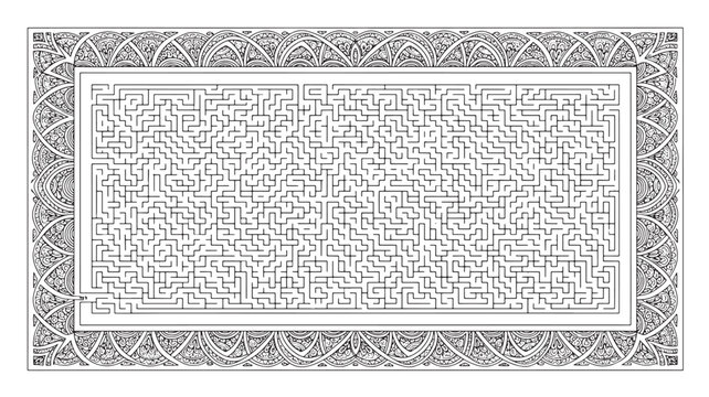A detailed adult coloring page featuring a complex maze design with geometric patterns, perfect for relaxation and creative expression, in black and white.
