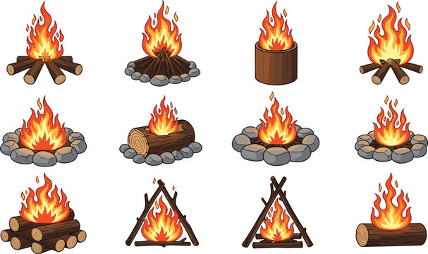 Campfire flames collection with burning wood logs and fire pits, camping bonfire icons vector illustration set