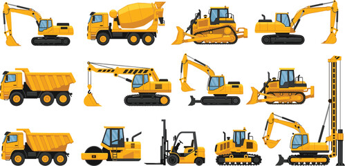 Construction machinery vehicles collection with excavator, bulldozer, crane, dump truck and forklift vector illustration set © Shabita