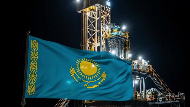 Kazakhstan Oil Industry Night Operations, Drilling Rig with National Flag, Energy Sector Development