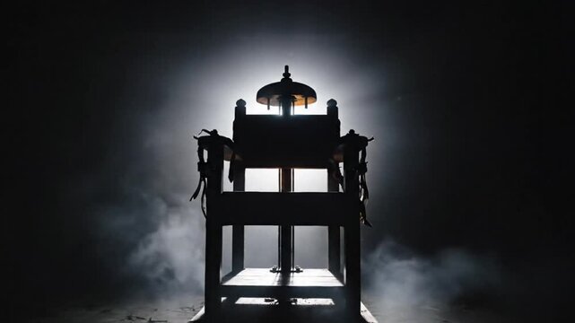 Dramatic Silhouette of an Antique Execution Chair Under Intense Spotlight Amidst Dark Fog and Shadow