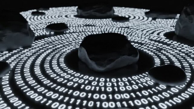 Abstract Digital Network of Binary Code Circles with Glowing Stones
