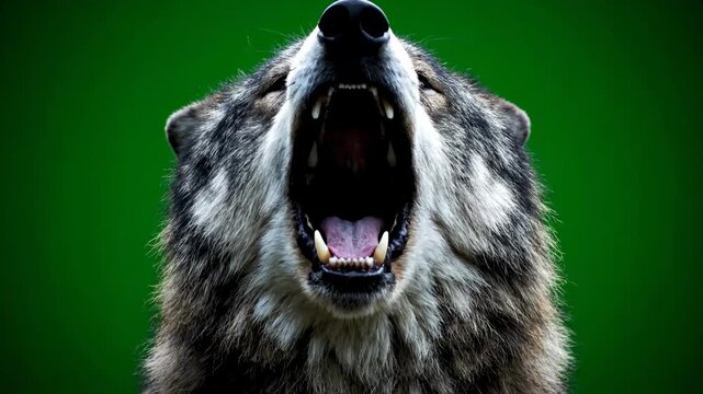 A dramatic wolf head howling directly towards the viewer, isolated on solid green background expression, voice, canine
