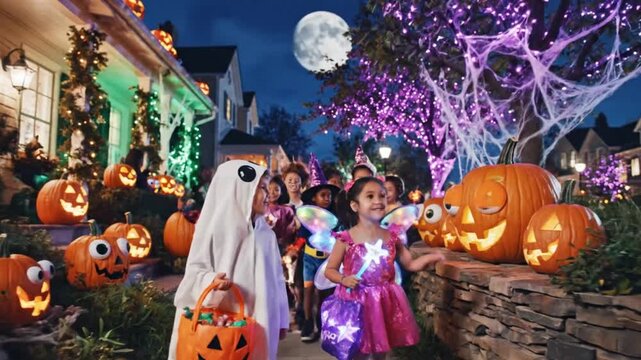 Children In Costumes Trick Or Treating At Night Along Suburban Street Decorated With Jack O Lanterns And Webbing