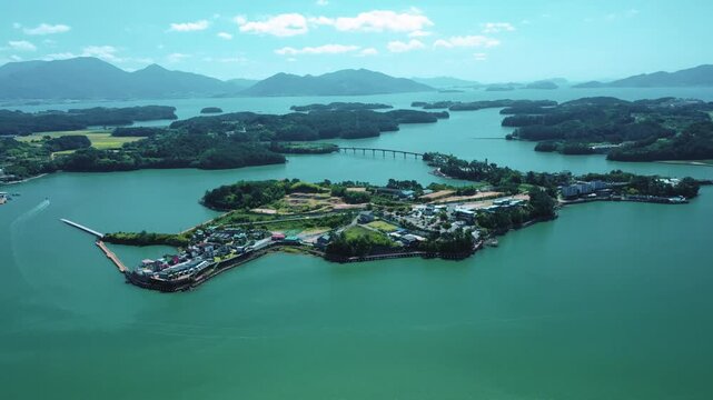 Aerial View of Bito Island in Sacheon with Emerald Sea, South korea