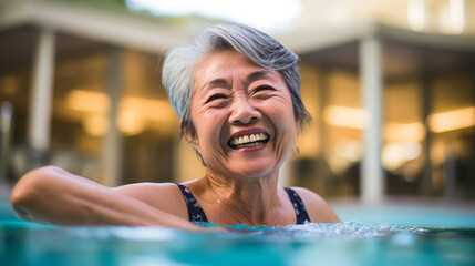 Fototapeta premium Happy healthy senior woman enjoying active lifestyle swimming in the pool