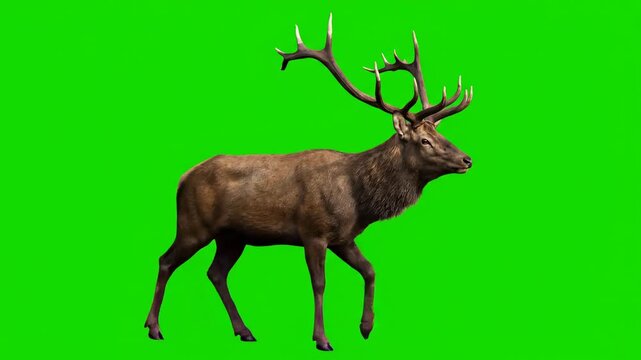 A majestic stag with large antlers walking slowly and cautiously, isolated on green screen mystery, alpha, nature