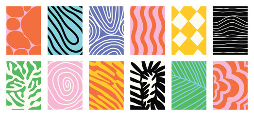 Colorful abstract geometric pattern vector set with green pink blue orange and cream shapes. Modern playful retro design for wallpaper, textile, packaging, poster and background.