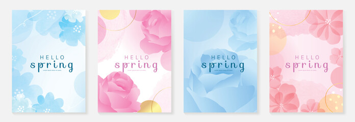 Spring floral poster vector set with pink and blue flower backgrounds. Soft pastel botanical design for greeting card, invitation, social media, wall art and seasonal branding. © TWINS DESIGN STUDIO