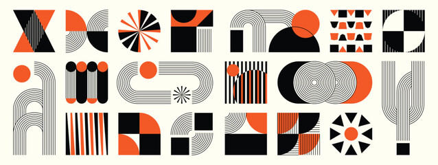 Obraz premium Mid century abstract vector element set. Retro aesthetic contemporary stripe line art, geometric shape in monochrome. Art form design for wall art, decoration and wallpaper. 