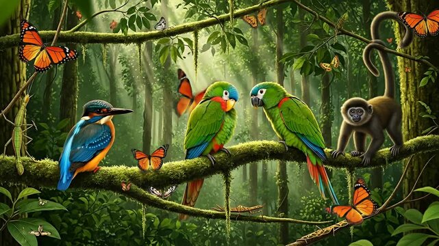 Lush rainforest scene with birds, monkey, butterflies, and insects on mossy branches