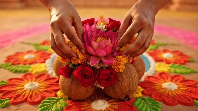 Traditional Indian Flower Arrangement for Chithirai Thiruvizha Rituals with Lotus and Rose Decor