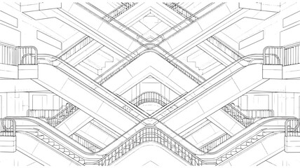 Fototapeta premium Futuristic Escalator Architecture Adult Coloring Page, Detailed Modern Interior Line Art with Symmetrical Urban Structure, Intricate Perspective Building Design for Relaxing Mindfulness Coloring