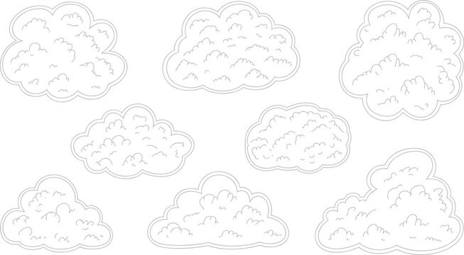 Flat vector clouds, cartoon style fluffy silhouettes, weather graphic design elements