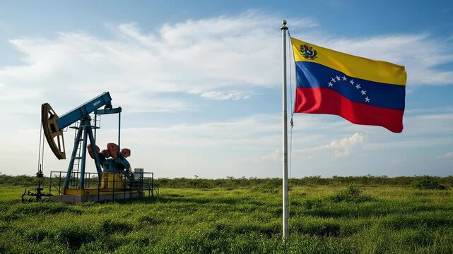 Oil Pump Jack Operating in Green Field with National Tricolor Flag for Energy Sovereignty