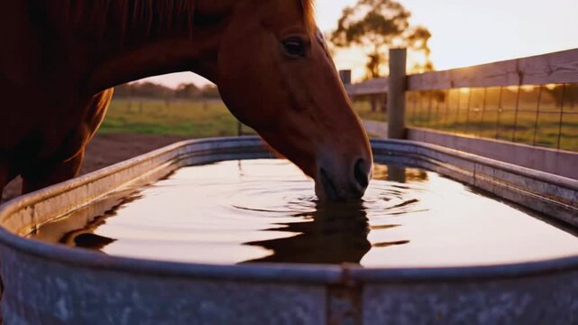 Horse drinking water from a metal trough in a fenced farm motion video footage