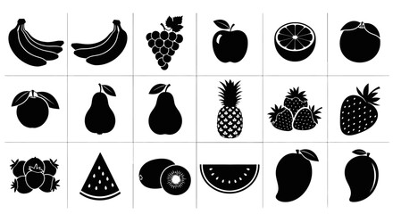 Collection of black fruit icons on white background including bananas apples pears and berries for design and illustration © Dipan