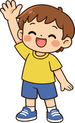 Obraz premium Cute child character raising hand and smiling cartoon illustration