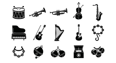 Collection of black musical instruments icons on white background for design © Dipan