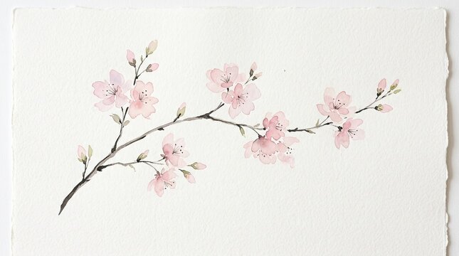 A delicate watercolor painting of a blossoming pink cherry tree branch on paper (1)