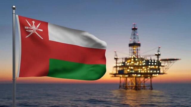 Oman Offshore Oil Rig Platform at Sunset with National Flag Waving