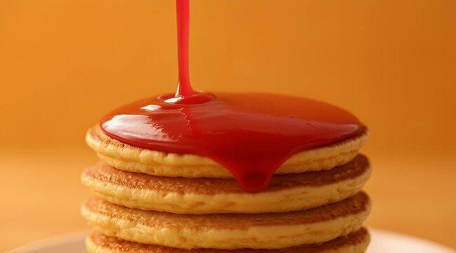 A stack of pancakes is being drizzled with luscious, vibrant red syrup
