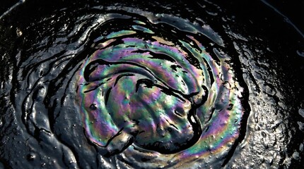 Fototapeta premium Macro top-down iridescent oil slick spiral on dark liquid surface with rainbow metallic colors for background and detail texture
