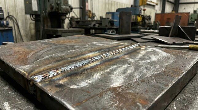 Close-up of straight steel weld bead on flat metal plate for fabrication workshop background and industrial repair detail
