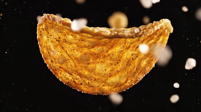 Savory potato chip cracker falls in slow motion. Golden crispy texture visible with seasoning particles. Delicious snack food on a dark background.