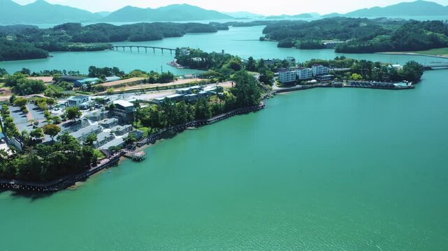 Aerial View of Bito Island in Sacheon with Emerald Sea, South korea