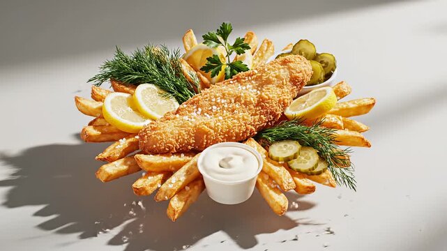 Crispy golden fish and chips are served on a white background. Fresh salt sprinkles over the fried fish as creamy sauce splashes into a dip.
