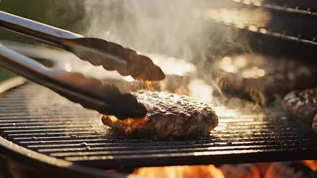 hands flipping beef burger patty with metal tongs on hot outdoor grill