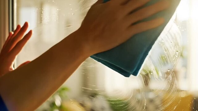 hands wiping glass window with microfiber cloth during spring cleaning