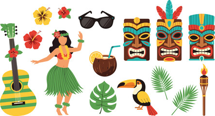 Fototapeta premium Hawaiian Tropical Party Elements Collection Featuring Hula Dancer, Ukulele, Tiki Masks, Cocktail Drink, Sunglasses, Toucan, Palm Leaves and Hibiscus Flowers