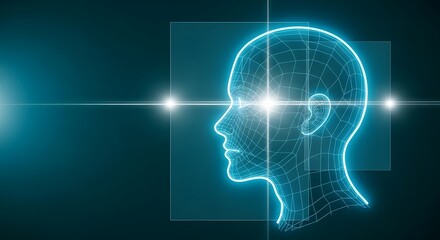 Obraz premium Glowing blue wireframe human head with targeting reticle