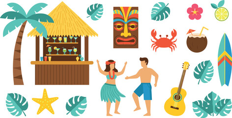 Hawaiian Luau Tropical Icon Set with Tiki Bar Palm Tree Hula Dancer Couple Ukulele Surfboard Coconut Cocktail Tiki Mask Crab Hibiscus and Beach Elements for Summer Party Designs © MstRakha