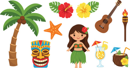 Kawaii Tropical Hawaiian Vector Elements with Chibi Hula Dancer, Blue Tiki Mask, Coconut Cocktail, Palm Tree, and Hibiscus for Summer Greeting Cards © MstRakha