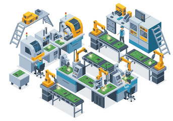 Fototapeta premium Isometric illustration of a high-tech electronics factory featuring a robotic assembly line for semiconductor manufacturing