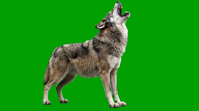 A wild wolf howling at the moon, full body shot, isolated on a solid green screen green screen, hunter, mammal