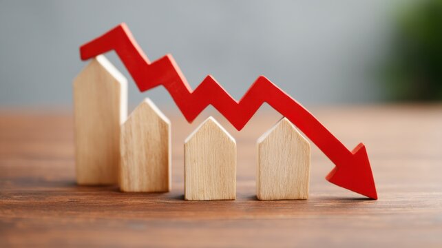 Declining housing market represented by wooden houses and downward red arrow.