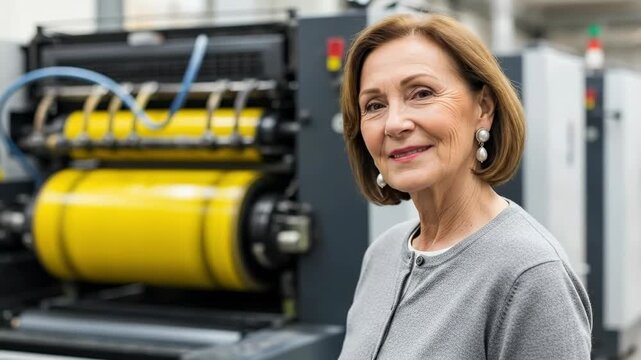 Senior Female Printing Press Operator in Industrial Print Shop Facility
