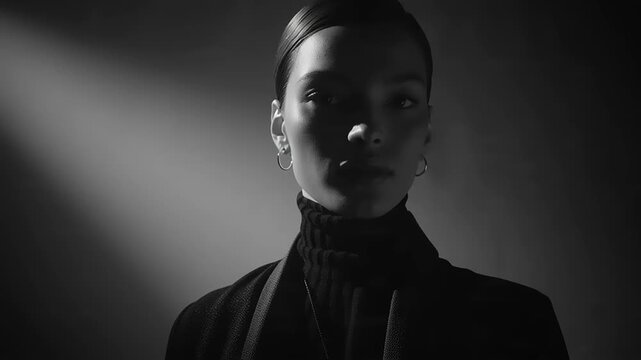 Elegant woman in sustainable fashion ensemble stands confidently in a dimly lit studio with dramatic lighting