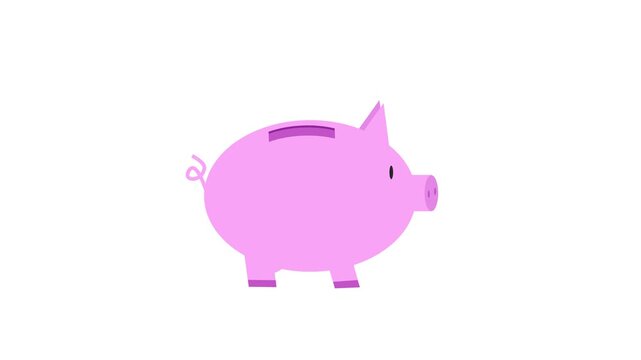 Piggy bank and dollars in cash, money in vector flat style on a white background. 4K