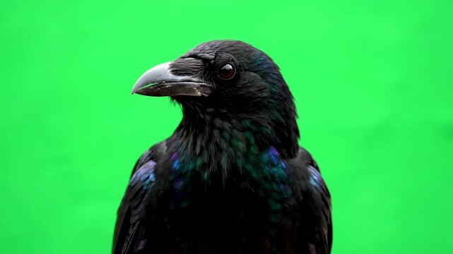 A majestic crow cawing loudly and looking alert, isolated on a green screen alertness, vfx element, isolated bird