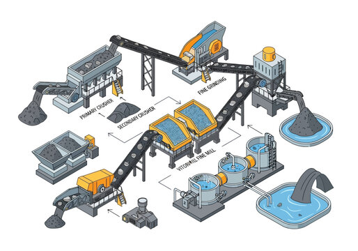 Isometric vector illustration of an industrial ore processing plant showing the complete heap leaching and mineral extraction process