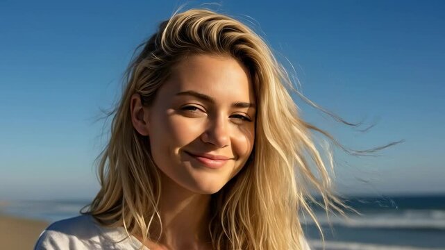 Young Caucasian woman cupping hand to ear for hearing health awareness at the beach