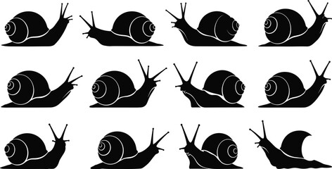 Set of black snail silhouettes in various crawling positions with shells and antennae isolated on white background for nature design © OMAR Creations