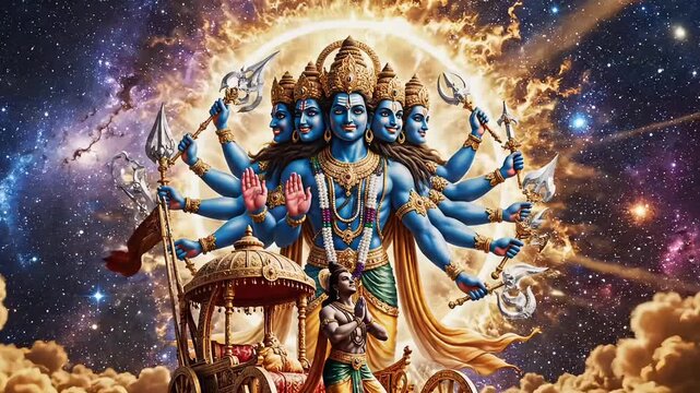 Divine Krishna revealing Vishvaroop to Arjun on sacred chariot battlefield scene from Mahabharat spiritual hindu mythology animated motion video footage