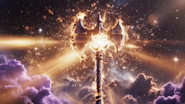 Divine parshu axe with sacred Om symbol glowing in cosmic sky celebrating Parshuram Jayanti hindu mythology spiritual power animated motion video footage